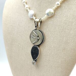 Mars And Valentine Sterling 925 Charcoal Druzy Sapphire Pearl Swallow Necklace